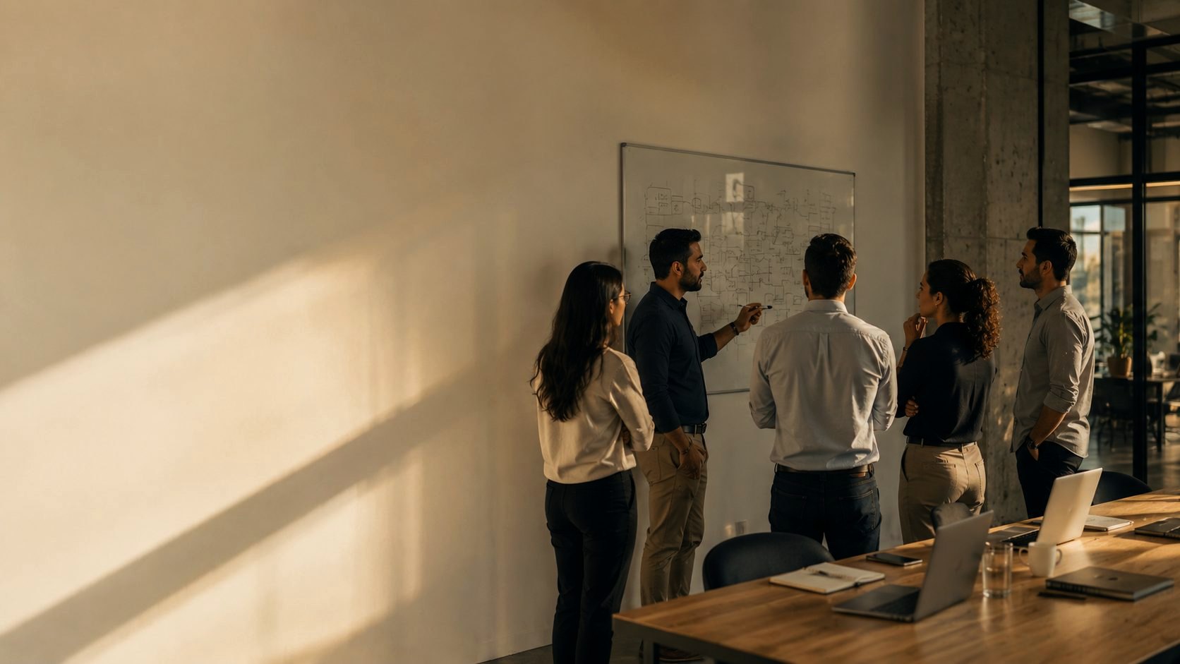 Equipe em discussão técnica de governança e segurança